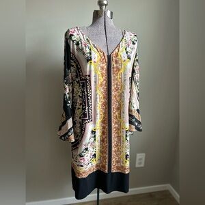 Silk blend made in Italy Floral Long Sleeve v neck Dress with Black Accents